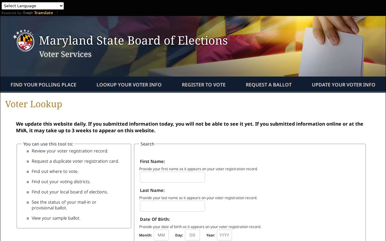 Suitland voter registration records self-lookup form