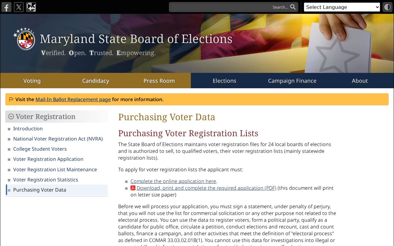 Suitland voter registration records data request instructions