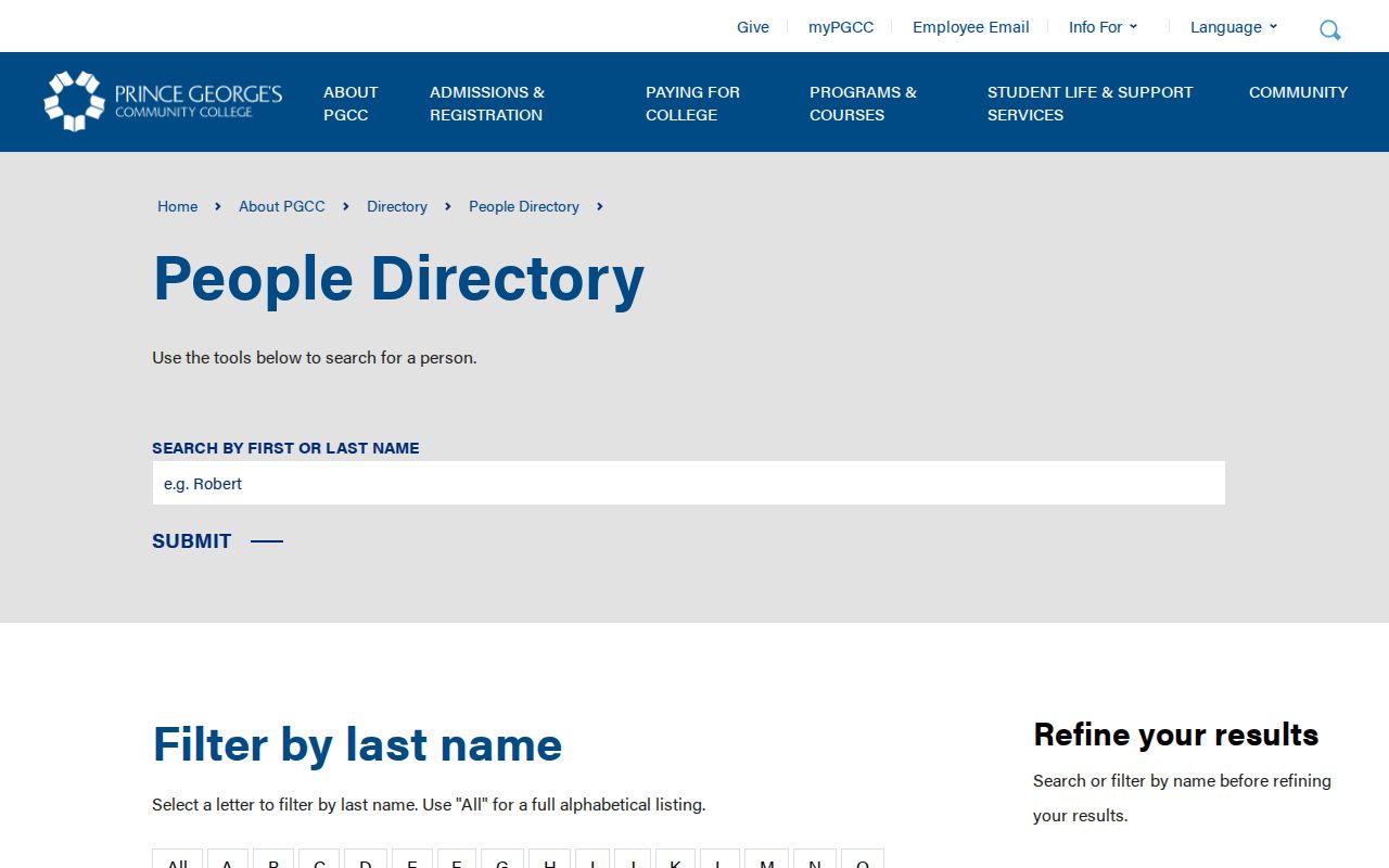 Suitland people directories view of Prince George's Community College personnel